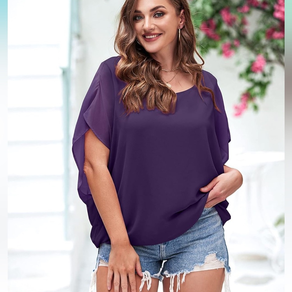 NWT IN’VOLAND Purple Batwing Sleeve Blouse – Size 1X, Flowy Dolman Fit